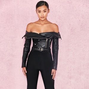 Off the shoulder vegan leather jacket NWT